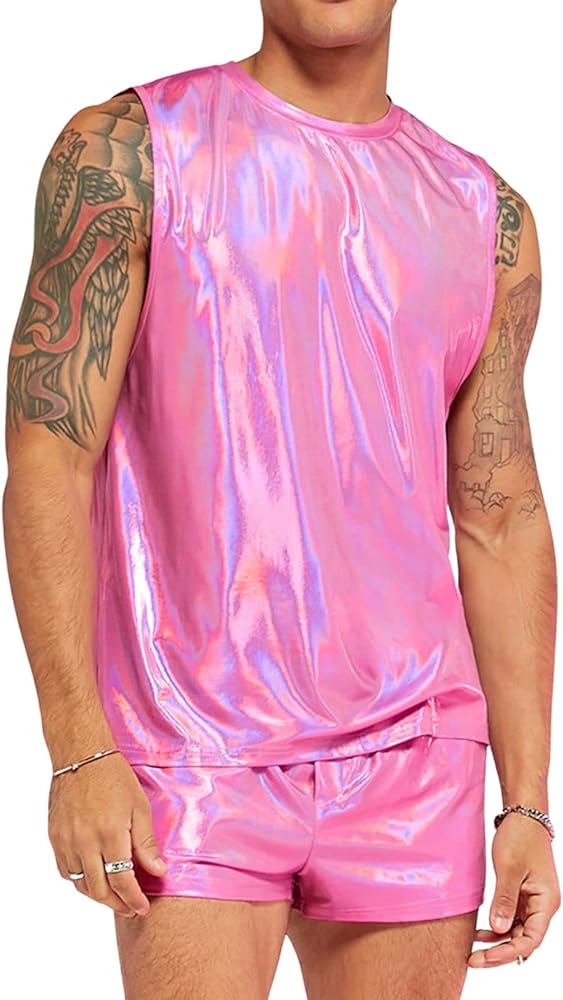 Verdusa Men's 2 Piece Metallic Outfit Sleeveless Tank Top and Short Tracksuit Sets