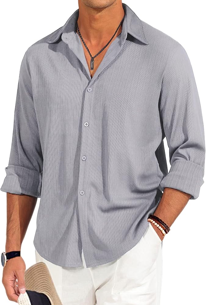 Men's Casual Shirts Long Sleeve Button Down Shirts Ribbed Knit Textured Summer Beach Shirt