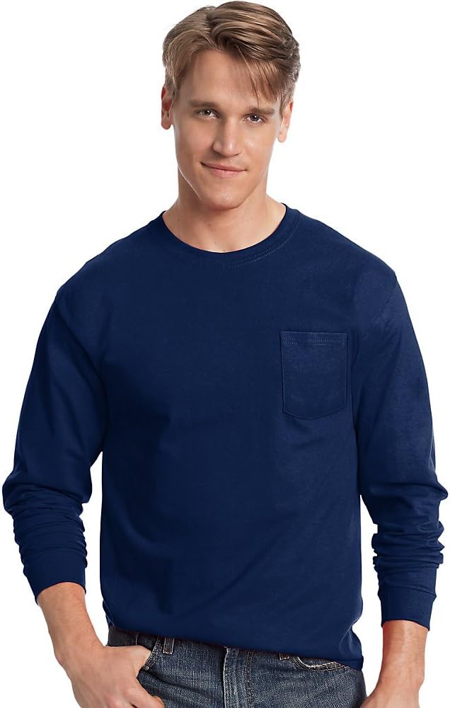 Hanes Men's Tagless Long-Sleeve T-Shirt with Pocket Navy