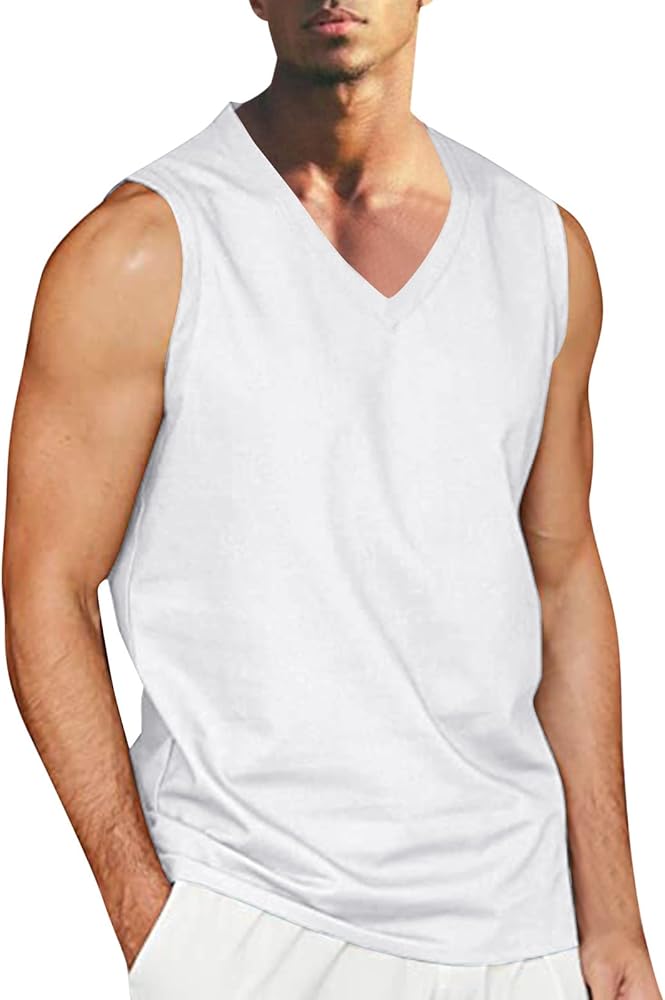 Mens Summer Beach Beach Simple Classic Solid Color V Neck Cotton and Sleeveless Shirt T Shirt Vest Loose Top Men