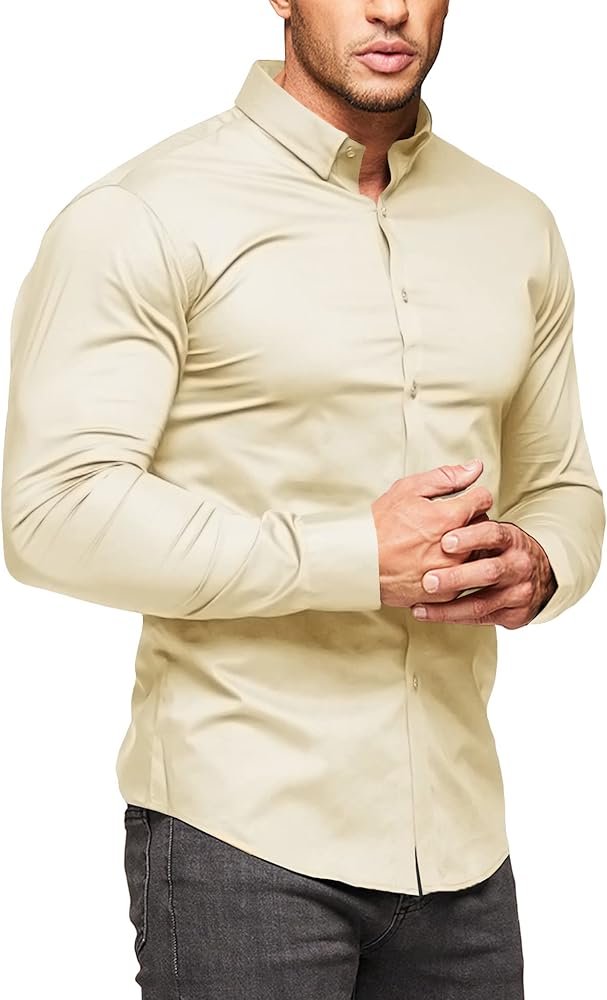 URRU Men's Muscle Dress Shirts Slim Fit Stretch Long Sleeve Casual Button Down Shirts