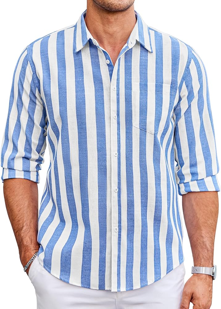 COOFANDY Men's Cotton Linen Shirt Button Down Beach Shirts Casual Long Sleeve Striped Dress Shirt