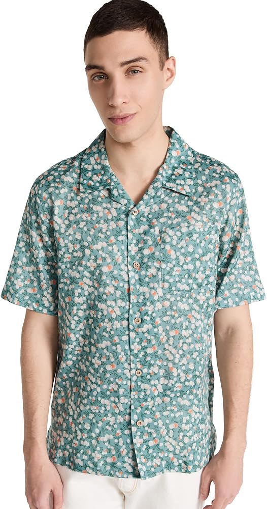 Naked & Famous Denim Men's Aloha Shirt Fit Button Down in Fruit Print-Cyan