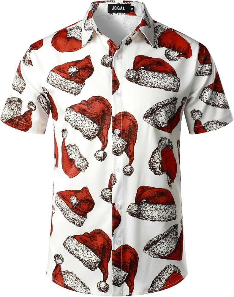 JOGAL Men's Christmas Shirts Santa Claus Party Flamingo Casual Hawaiian Shirt