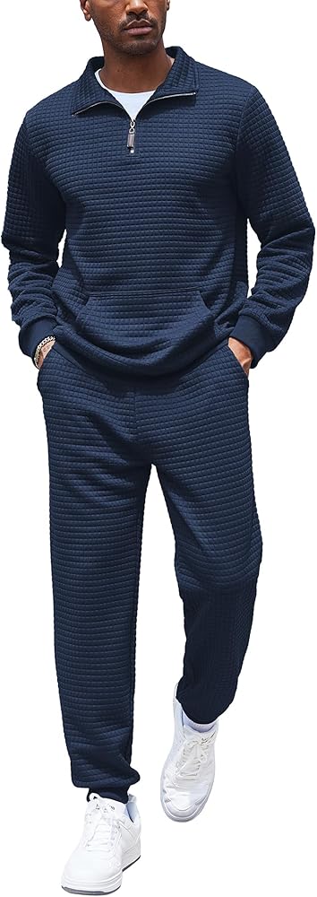 COOFANDY Men's Tracksuit 2 Piece Quarter Zip Sweatsuit Workout Plaid Jacquard Jogging Suit Set