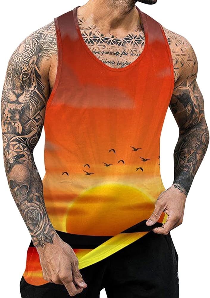 Mens Hawaii Coconut Tree Sunset Print Tank Tops Summer V Neck Sleeveless T Shirts Tropical Beach Tanks Shirt