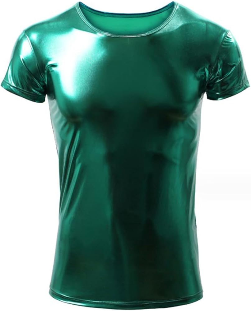 Men Shiny Metallic Holographic T Shirt Short Sleeve Round Neck Muscle Tank Tops Party Clubwear