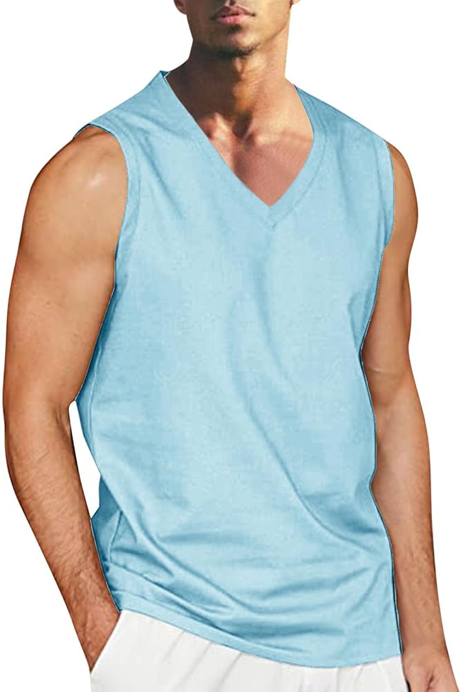 Cotton Linen Sleeveless T Shirt Mens Summer Beach Tank Tops Simple Classic Solid Tanks V Neck Solid Color Shirt Tees