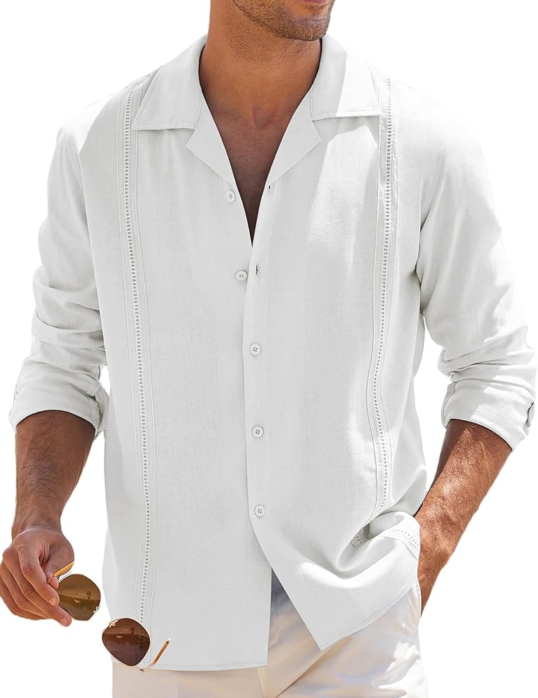 COOFANDY Mens Linen Shirt Casual Cuban Guayabera Long Sleeve Button Down Beach Shirts