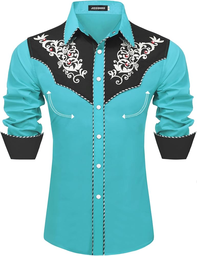 Men's Long Sleeve Pearl Snap Shirt Rhinestone Cowboy Cut Western Embroidered Casual Button Down Shirt