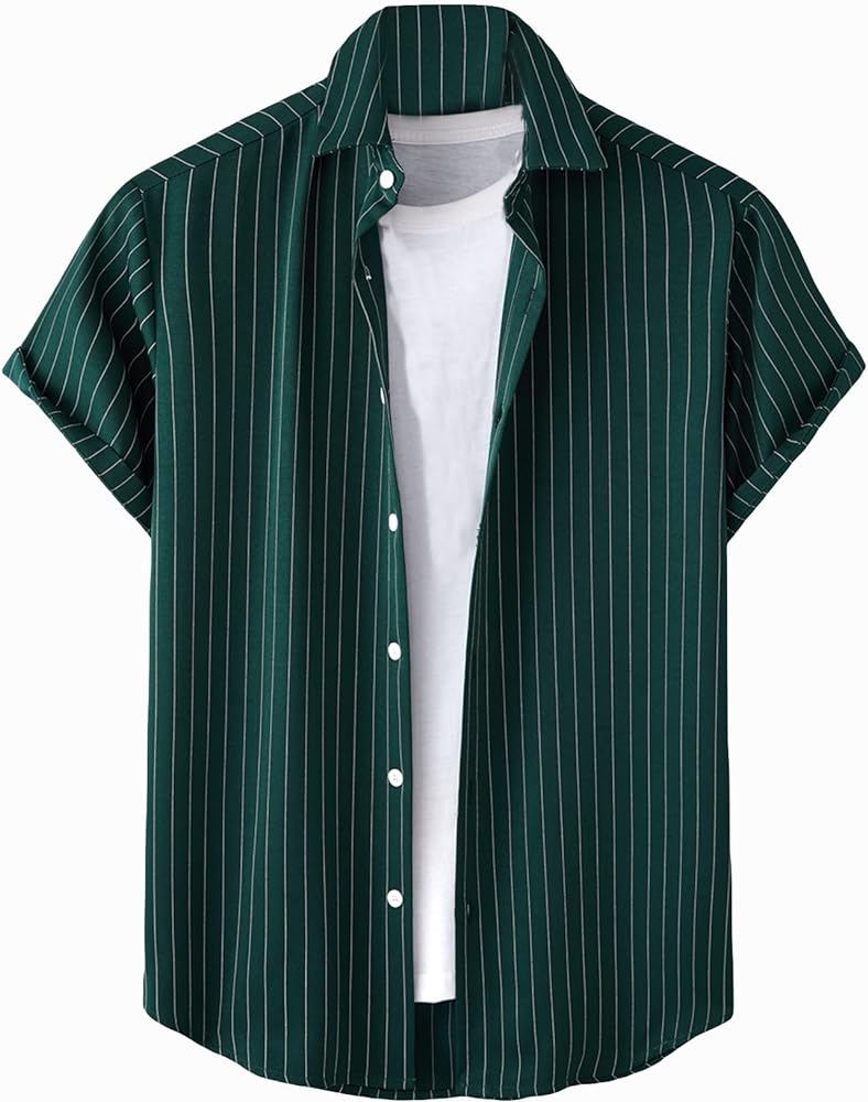 SOLY HUX Men's Short Sleeve Button Down Shirts Casual Dress Going Out Camp Tops Dark Green Striped XL