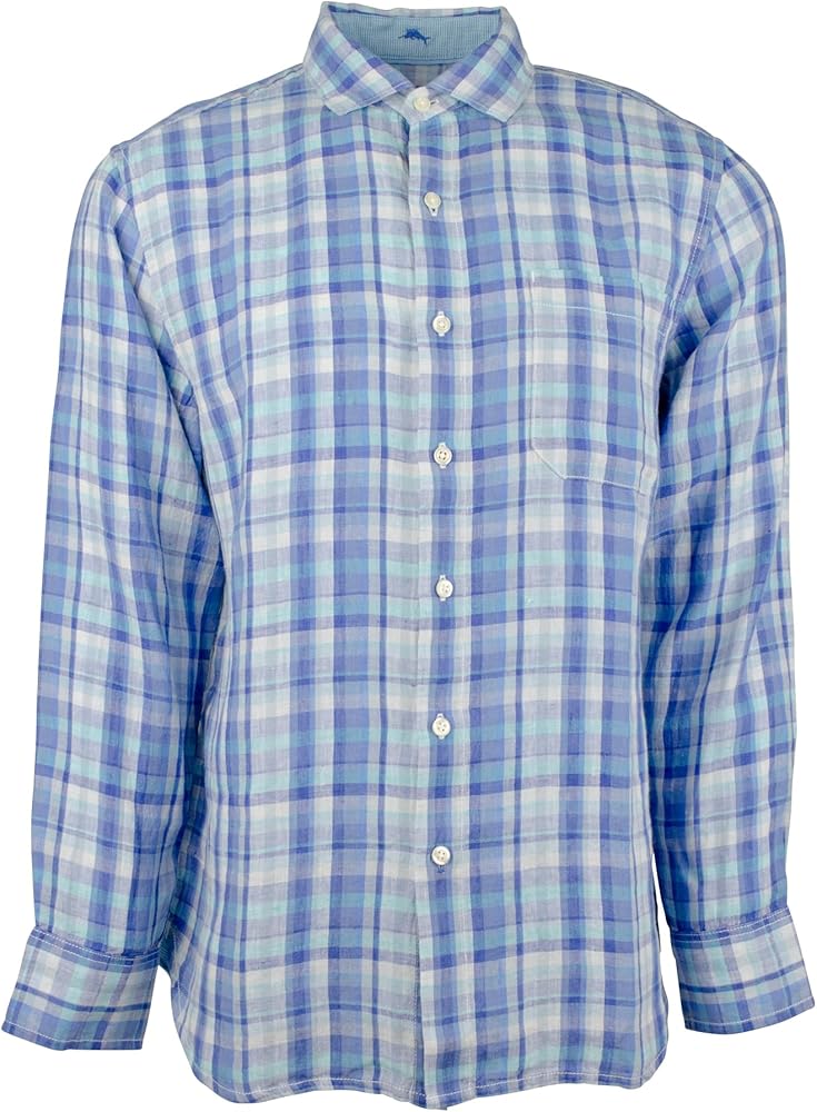 Tommy Bahama Long Sleeve Paradiso Plaid Linen Camp Shirt (Color: Palace Blue, Size XX-Large)