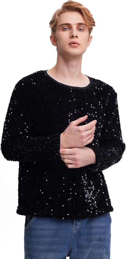 WDIRARA Men's Sequin Long Round Neck Tee Top T Shirt Party Top