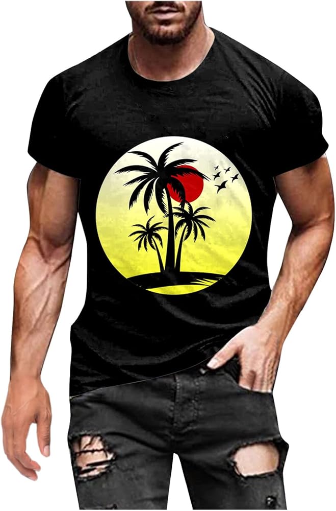 Mens Hawaiian Printed Tops 2023 Summer Fashion Round Neck Pollover Slim Fit Classic-Fit Short Sleeve Blouses