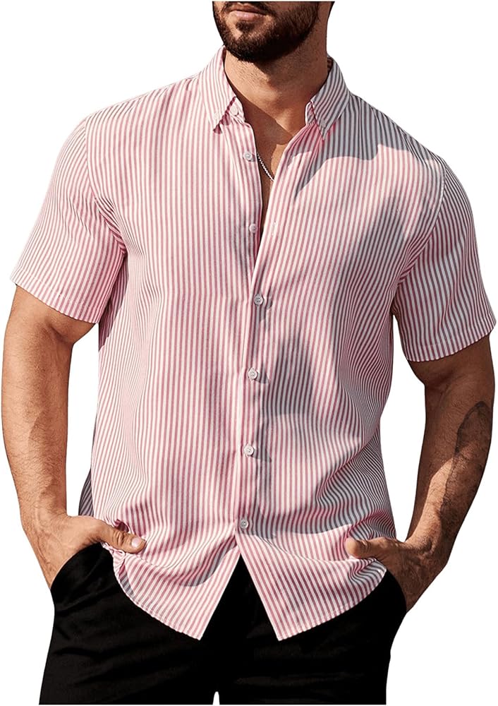 Verdusa Men's Striped Collared Shirt Button Down Short Sleeve Work Shirt Top