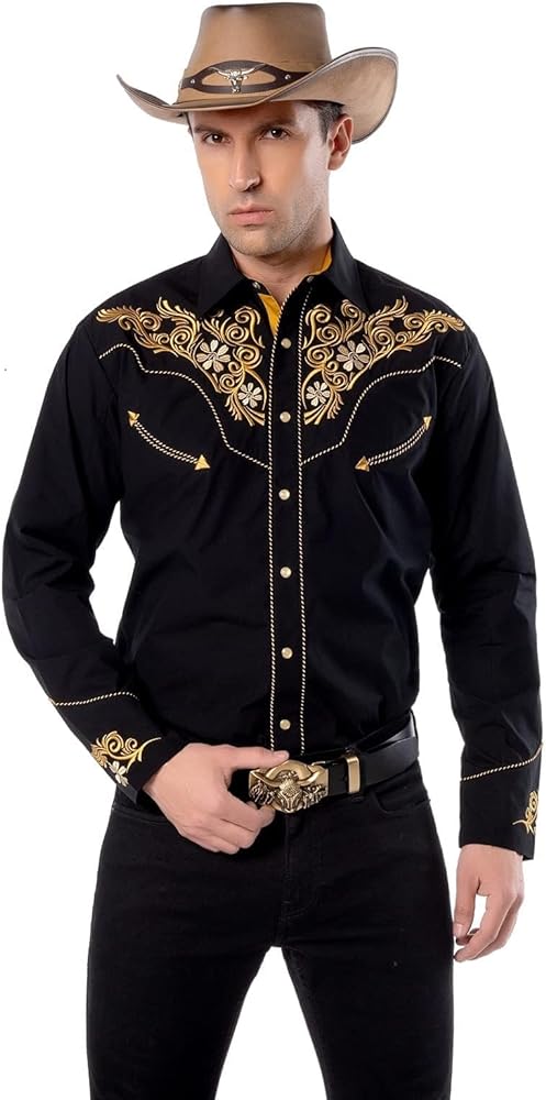 Men's Western Shirt Long Sleeve Embroidered Cowboy Casual Snap Button Shirt