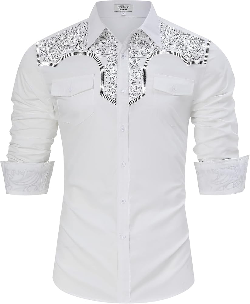 TURETRENDY Men's Western Cowboy Shirt Long Sleeve Cotton Embroidered Casual Button Down Work Shirt with Pockets