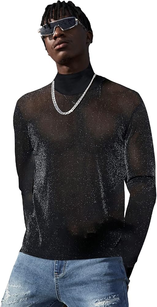 OYOANGLE Men's Sheer Mesh Long Sleeve Mock Neck T Shirt See Through Party Clubwear Top