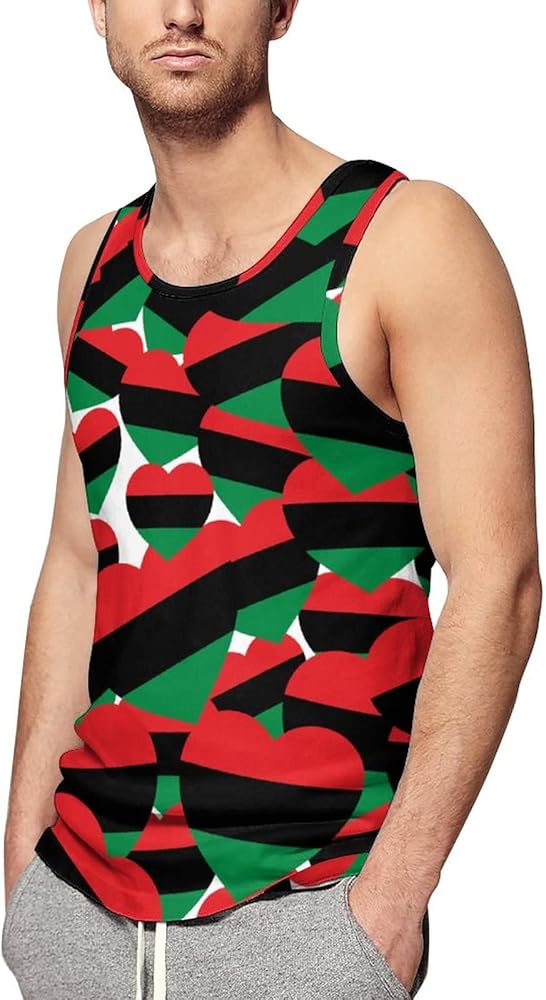 Pan-African Flag Heart Men's Tank Top Casual T-Shirts Sleeveless Funny Tees Beach Shirt Print