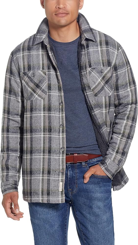 Weatherproof Vintage Mens Hooded and Non-Hooded Sherpa Lined Soft Brushed Plaid Flannel Button-Down Shirt Jacket