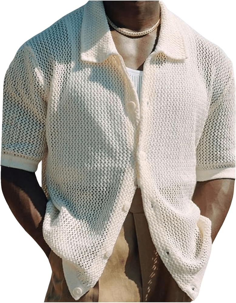 MakeMeChic Men's Crochet Knit Top Sheer Collar Short Sleeve Button Down Shirts Summer Tops