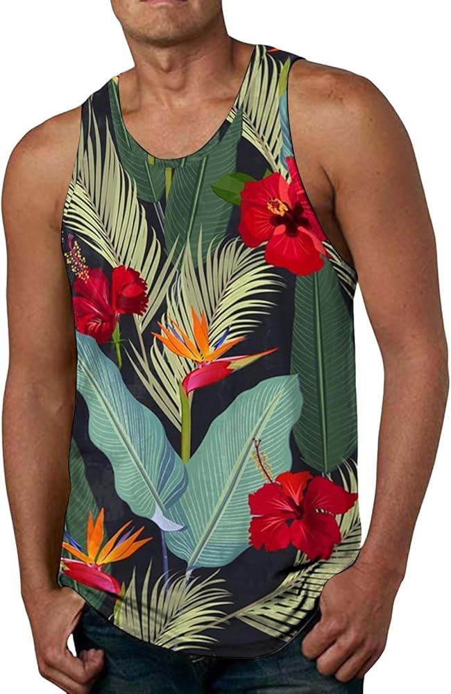 ,Men's Floral Tank Tops Summer Vacation Palm Tree Printed Vintage Style T-Shirt Crew Neck Fitness Fashion Summer Beach Top,Mens Funny Tank Tops Watermelon Red M