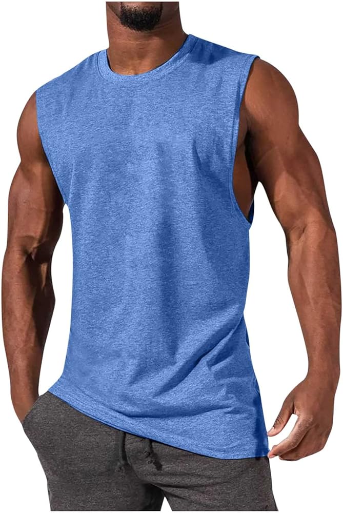 Men's Beach Tank Tops Slim Fit Shirts Solid Color Tee Shirts Casual Crewneck Sleeveless Muscle T-Shirt Trendy Tees