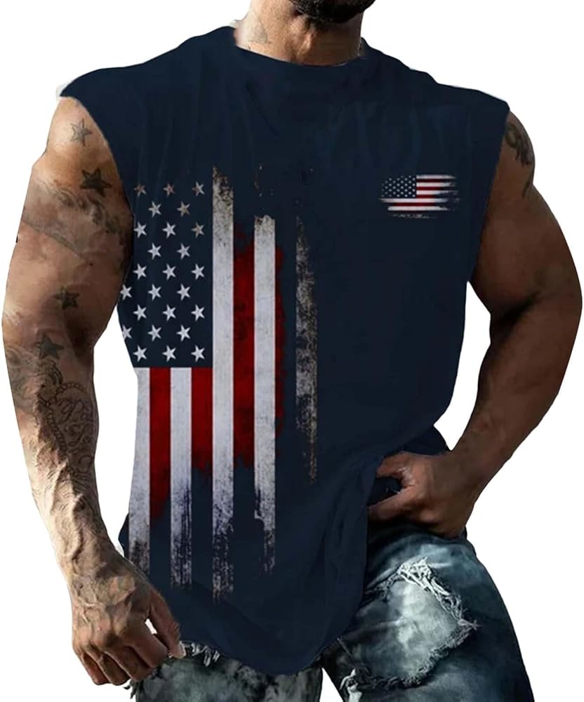 USA Flag Tank Top for Men Oversized Sleeveless Shirts Print Casual Crew Neck T Shirts Aloha Beach Shirt Plus Size