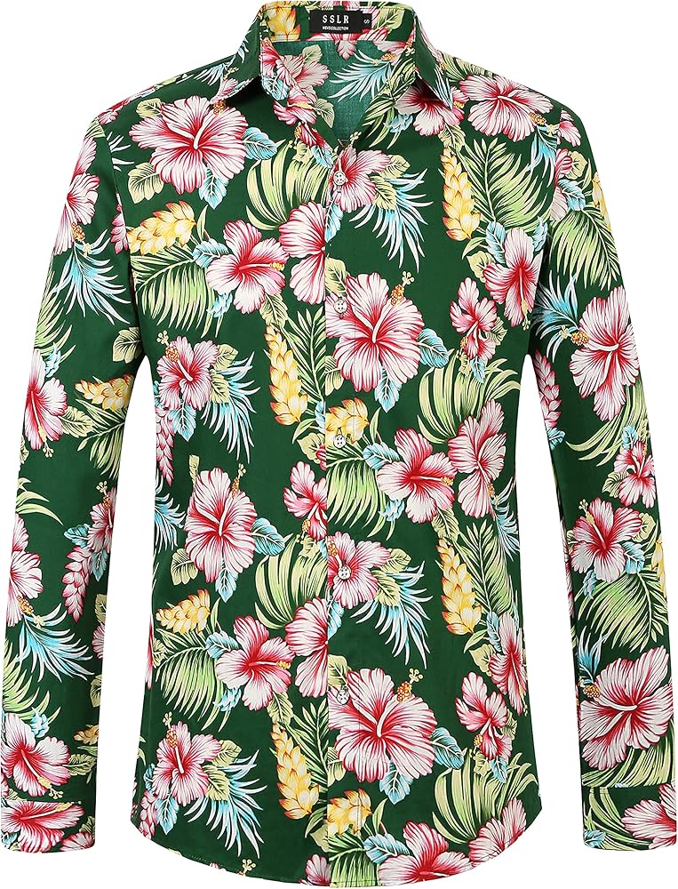 SSLR-Hawaiian-Shirts-for-Men-Dress Shirt Button Down Shirt Floral Long Sleeve