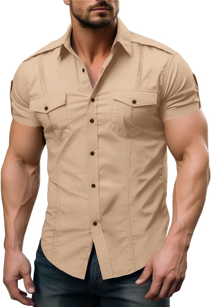 Men's Muscle Dress Shirts Slim Fit Stretch Short Sleeve Casual Button Down Shirts Work Shirt Cargo Shirts Fishing Shirts