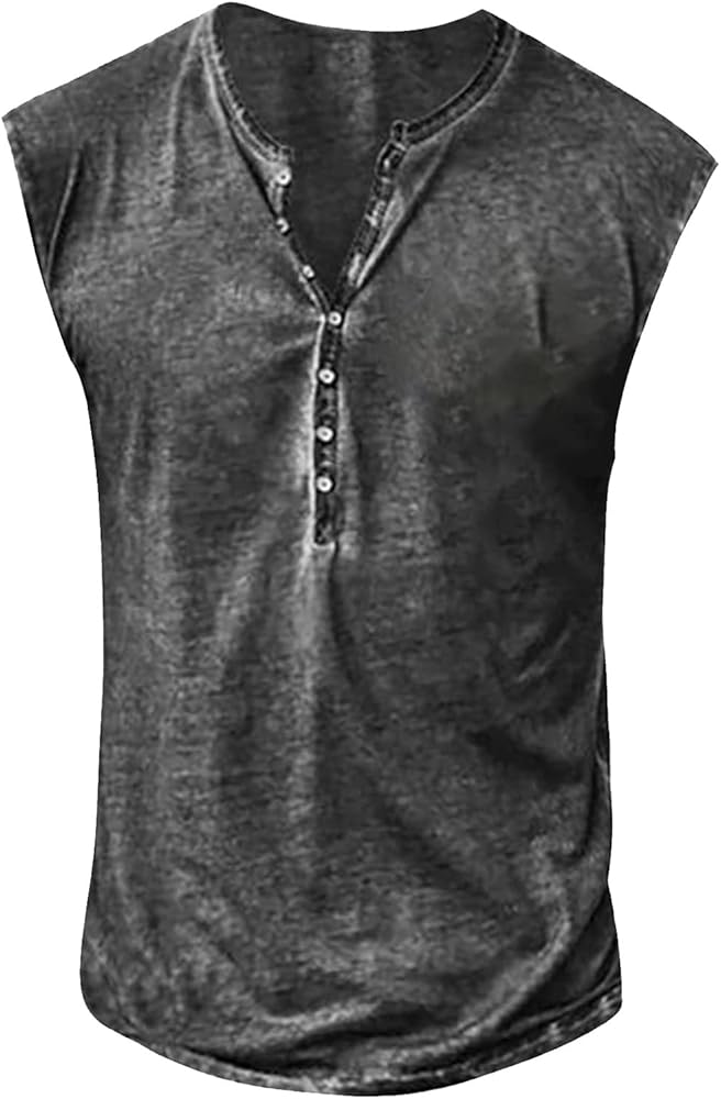 Tank Tops for Men Retro Distressed Button Down Sleeveless Henley Tshirts Summer Casual Outdoor Tops