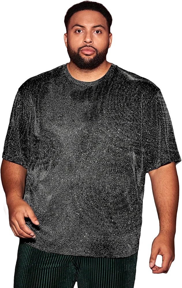 WDIRARA Men's Plus Size Giltter Round Neck T Shirt Short Sleeve Sparkly Party Tee Tops