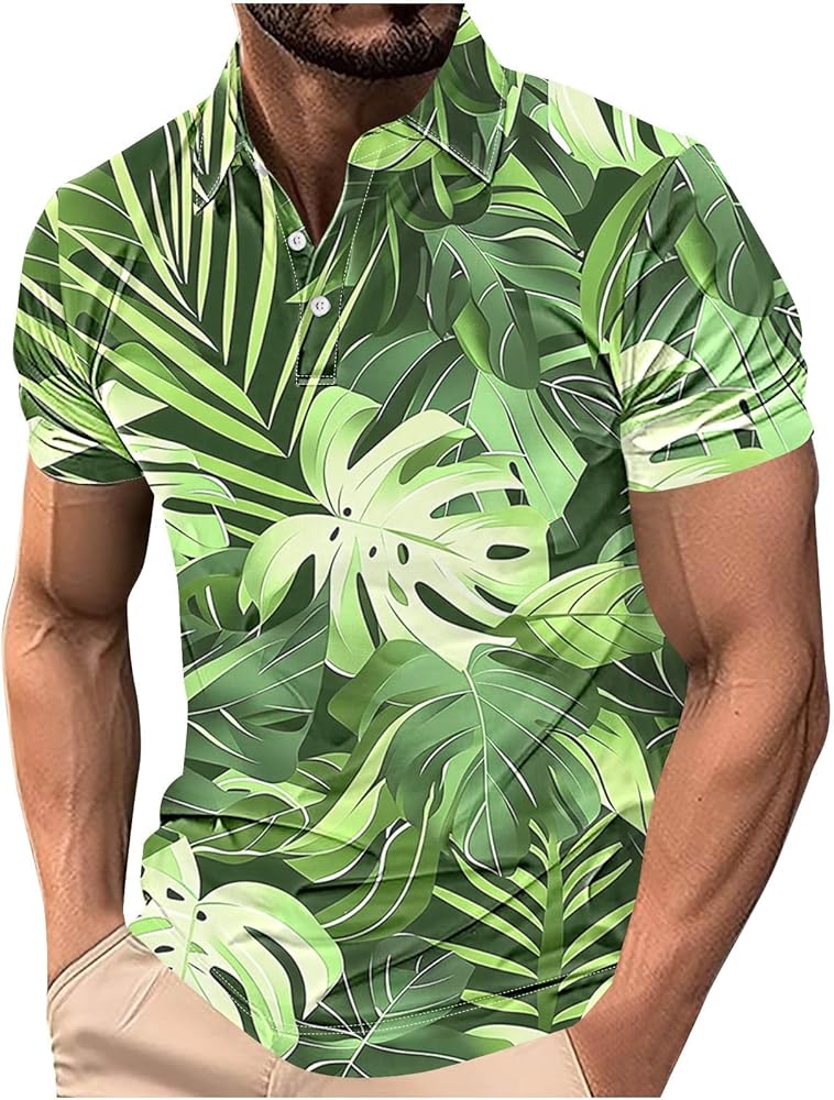 Mens Graphic T-Shirts Button Neck Polo Shirts Soft Hawaiian Graphic Print Tees Workout Short Sleevee Tops Clothing