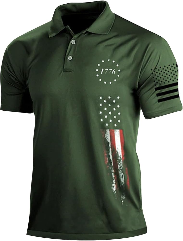 Men's 1776 Short Sleeve Polo Shirt USA American Flag Print Golf T Shirts Independence Day Summer Casual Patriotic Top