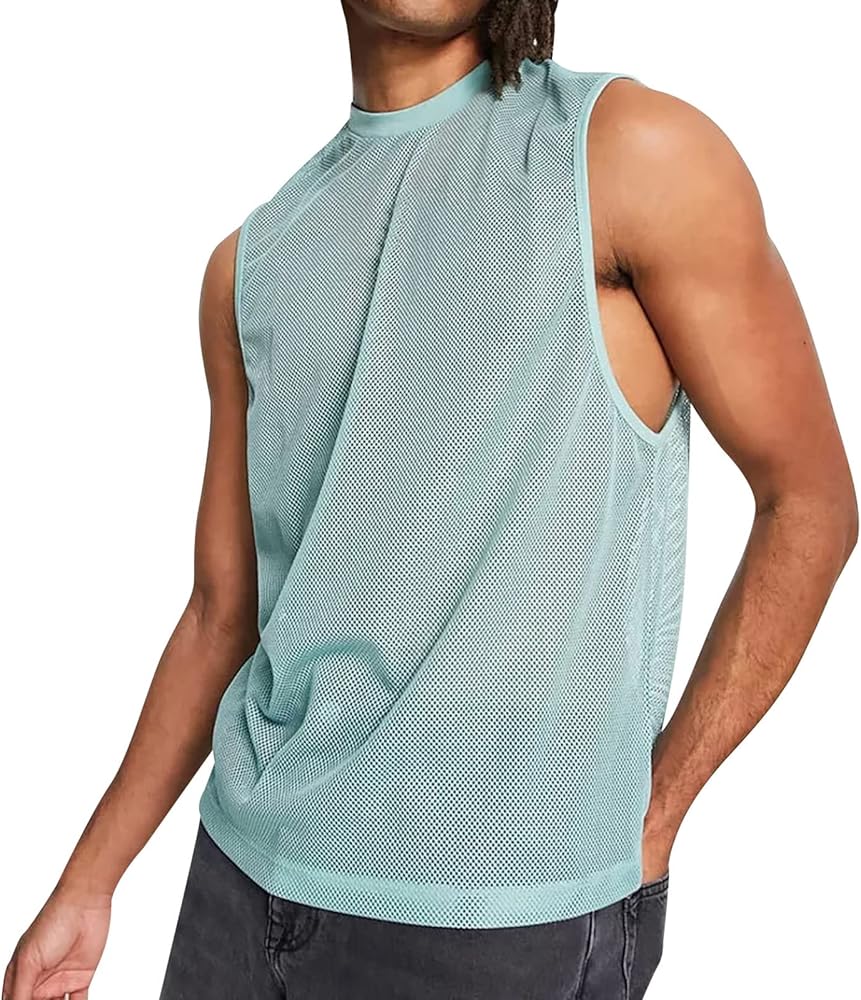 Men's Mesh Hollow Tank Tops Sexy Casual Breathable Lightweight Loose Fit Sleeveless T Shirts Trendy Streetwear