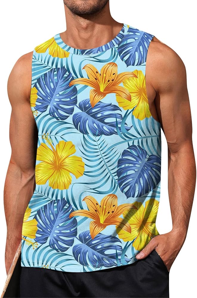 Men's Hawaiian Tank Tops Tropical Floral Beach Tops Summer Sleeveless Basic T-Shirt Breathable Aloha Tees