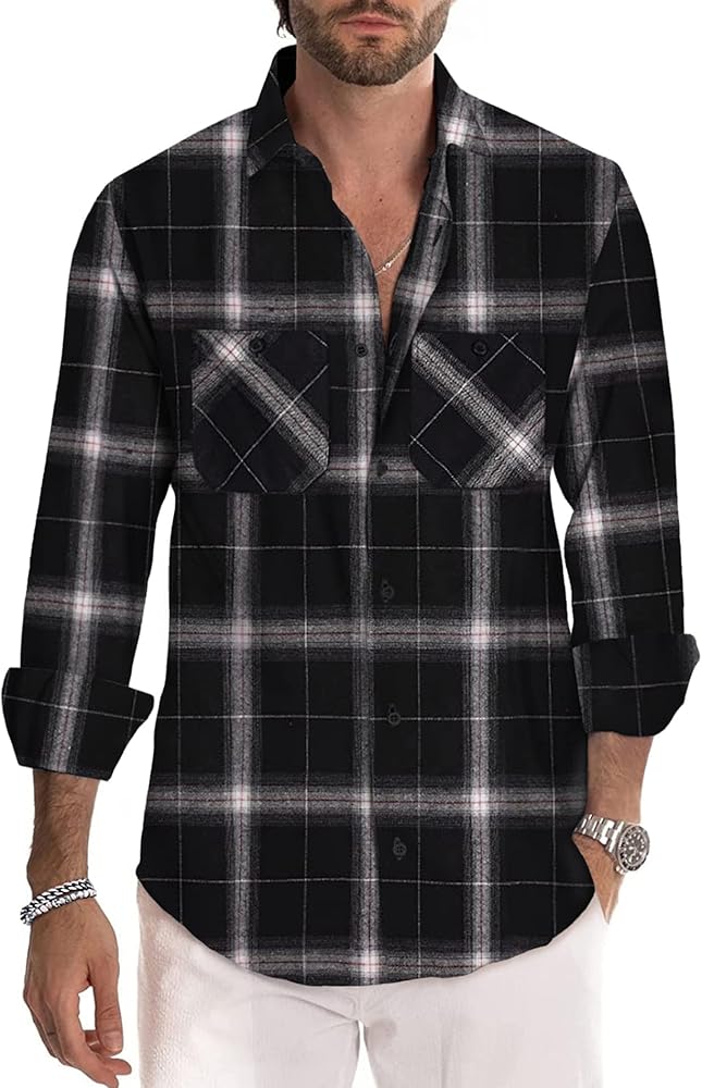 Deer Lady Flannel Shirt for Men Casual Button Down Shirts Long Sleeve Regular Fit Plaid Flannel Shirts Pack of 2/ Pack of 1