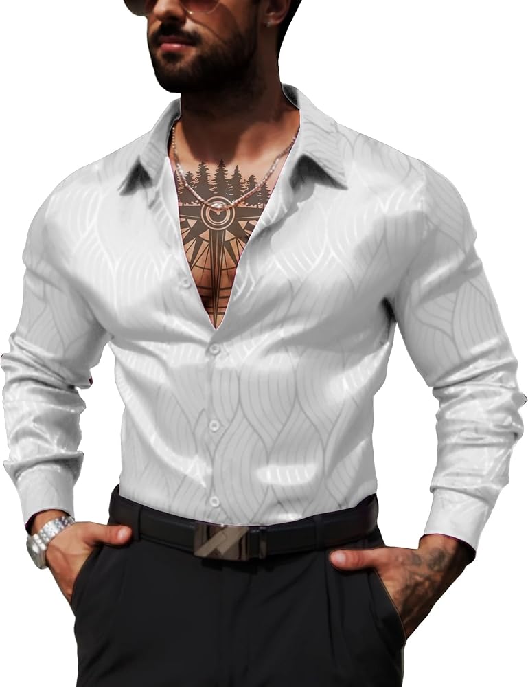 Men Metallic Satin Dress Shirt Luxury Jacquard Long Sleeve Casual Button Down Shirts Silk Shirts