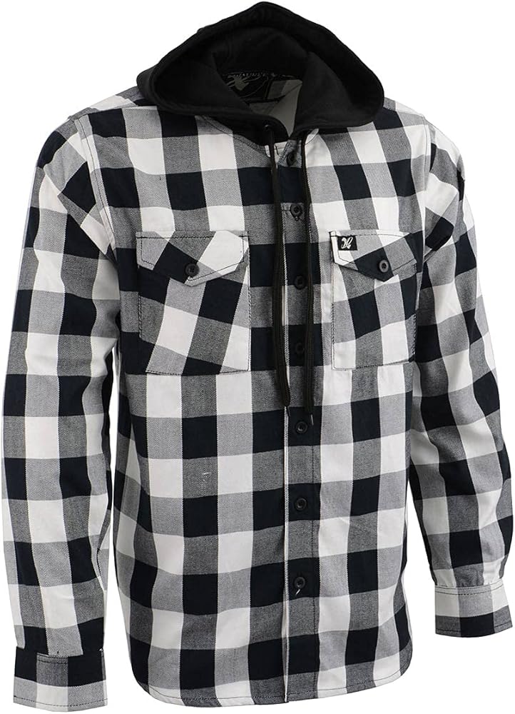 Milwaukee Leather Men's Flannel Plaid Shirt Black and White Long Sleeve Cotton Button Down with Hoodie MNG11629