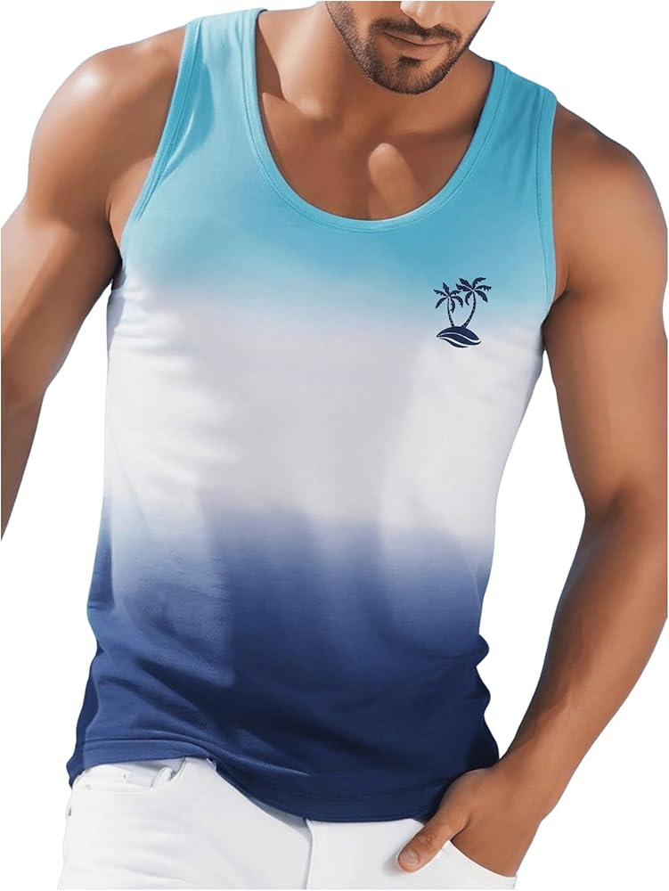 Men's Tropical Graphic Tank Top Scoop Neck Sleeveless Ombre T Shirts Casual Beach Tops