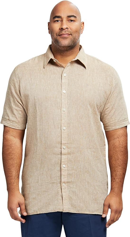 IZOD Men's Big and Tall Linen Button Down Short Sleeve Shirt