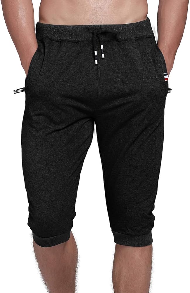 Men's Cotton Casual 3/4 Jogger Running Capri Pants Below Knee Gym Workout Shorts Zipper Pockets