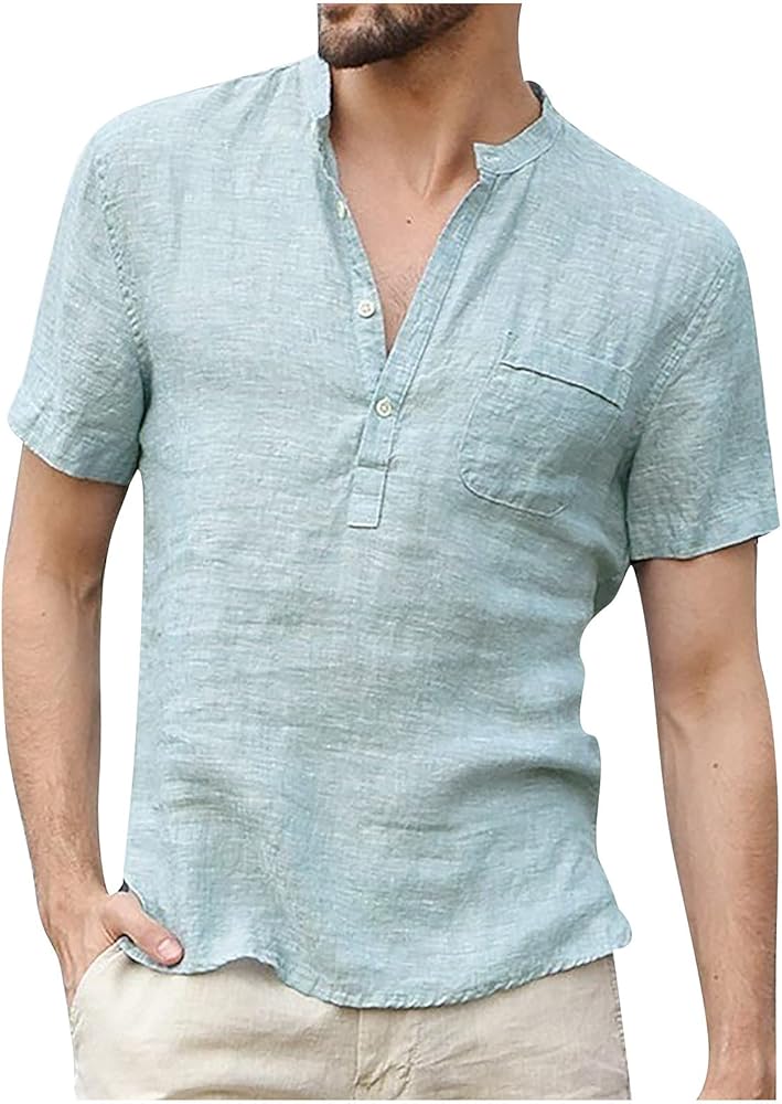 Mens T-Shirts Button Down Short Sleeve Cotton Linen Shirt Summer Casual Beach Tee Shirts Trendy Outfits Clothing 2024