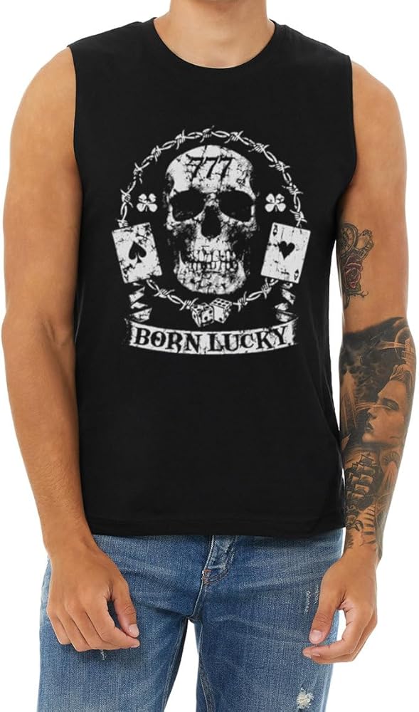 Born Lucky Skull T-Shirt Sleeveless Muscle Tee Mens Tank Tops