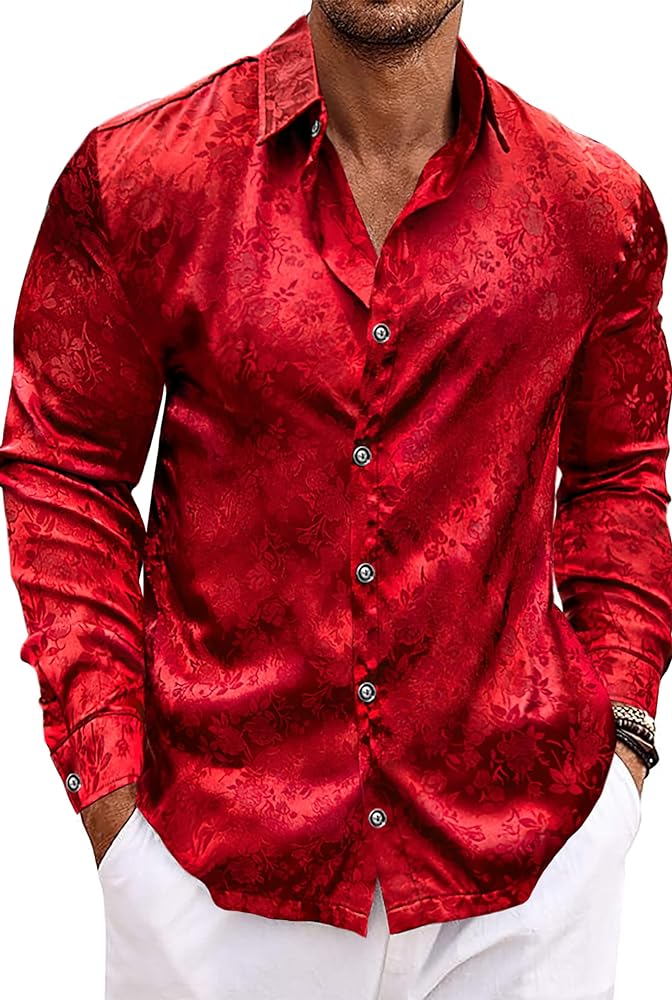 Men's Long Sleeve Dress Shirts Silk Floral Button Up Shirts Wedding Party Prom Jacquard Button Down Shirt S-3XL