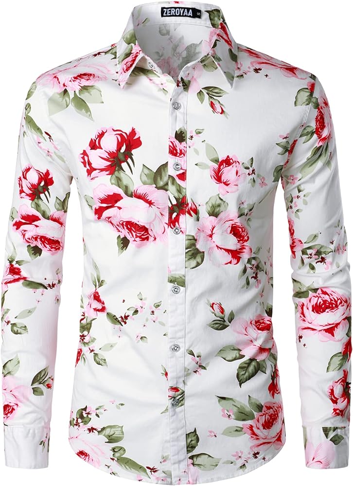 ZEROYAA Men's Hipster Floral Printed Long Sleeve Cotton Casual Button Down Dress Shirts