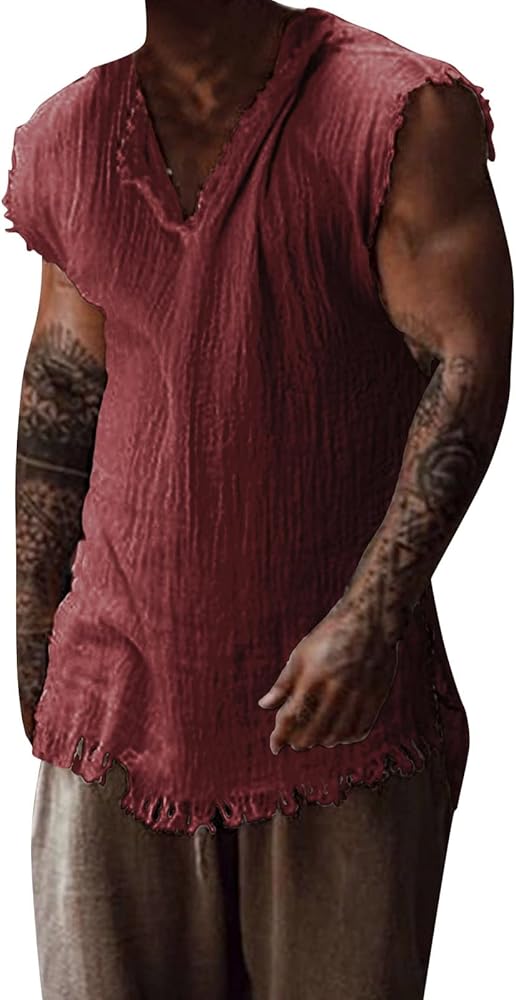 Mens Cotton Linen Raw Edge Tank Top Sleeveless Distressed Retro V-Neck T-Shirt Casual Summer Boho Hippies Beach Shirt