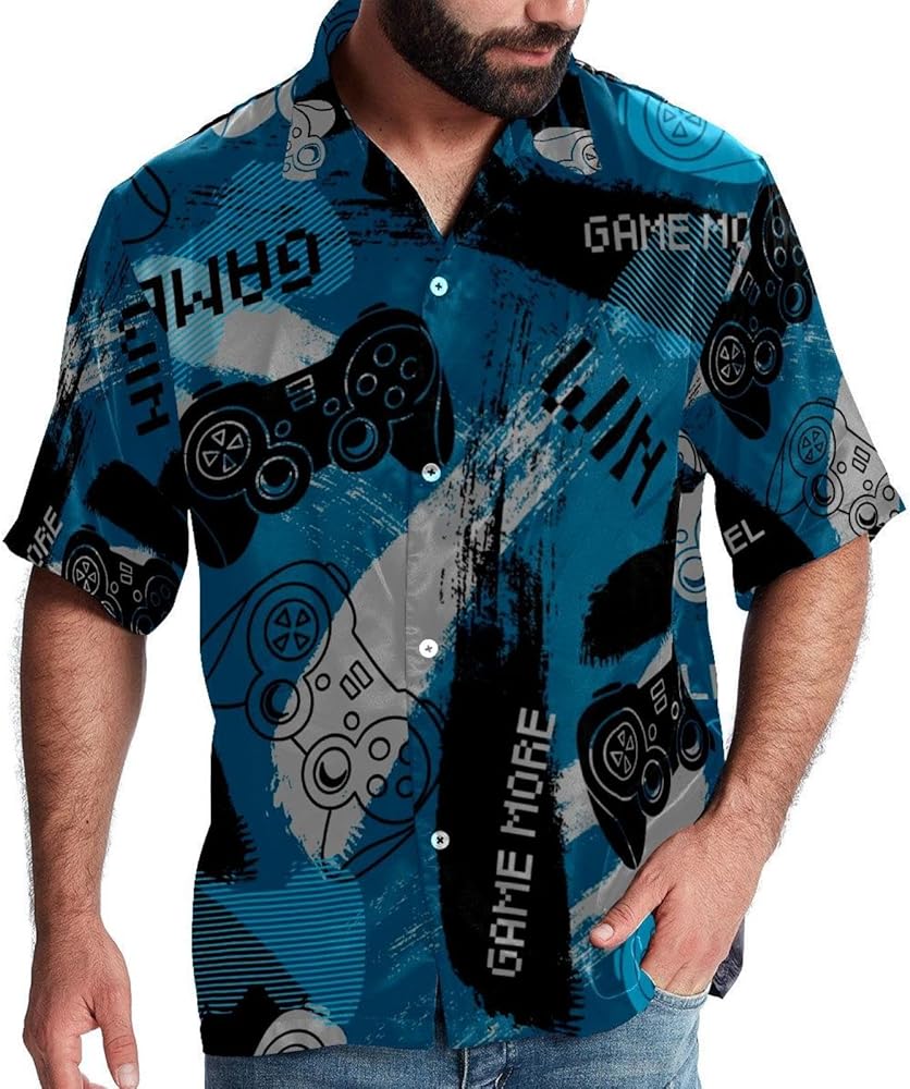 Game Joystick on Blue Background Men Casual Button Down Shirts Short Sleeve