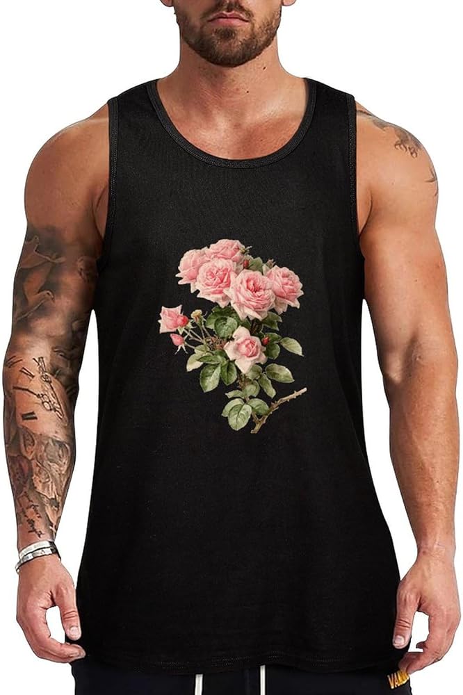 Pink Roses Flowers Breathable Men's Tank Top Soft Muscle Vest T-Shirts Quick Dry Sleeveless Fitness Tee