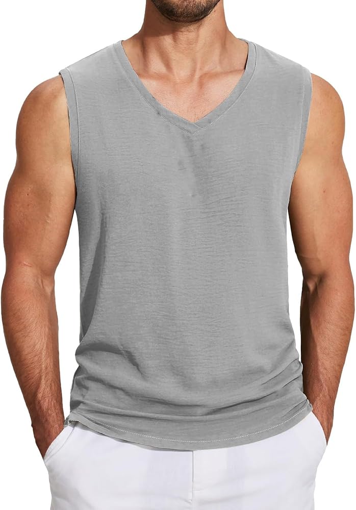 Men's Casual Tank Top V Neck Summer Beach Muscle Basic T-Shirts Sleeveless Stretch Tank Shirts Hippie Tops